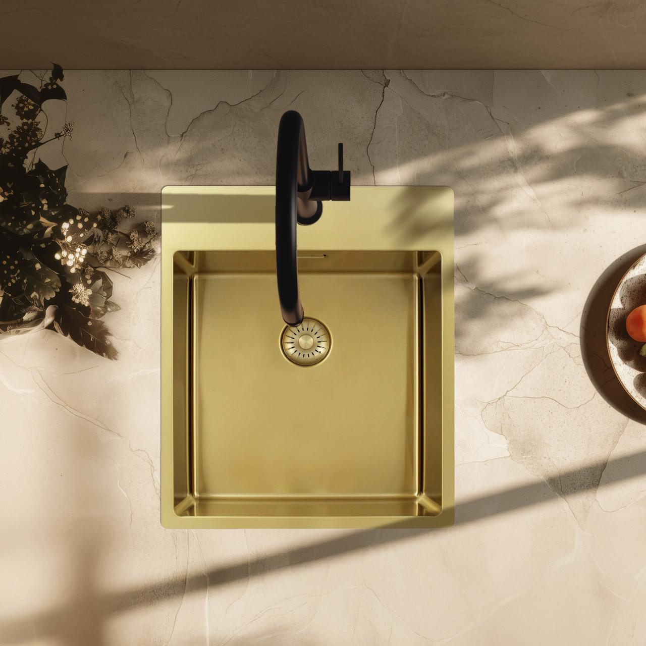Pure.Sink Exclusivo Gouden spoelbak 44x52 cm Tapwing met kraangatbank 10mm radius  PEX4040T-60 - Productafbeelding 2