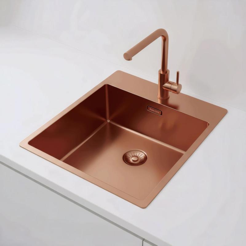 Pure.Sink Exclusivo Koperen spoelbak 44x52 cm Tapwing met kraangatbank 10mm radius PEX4040T-62