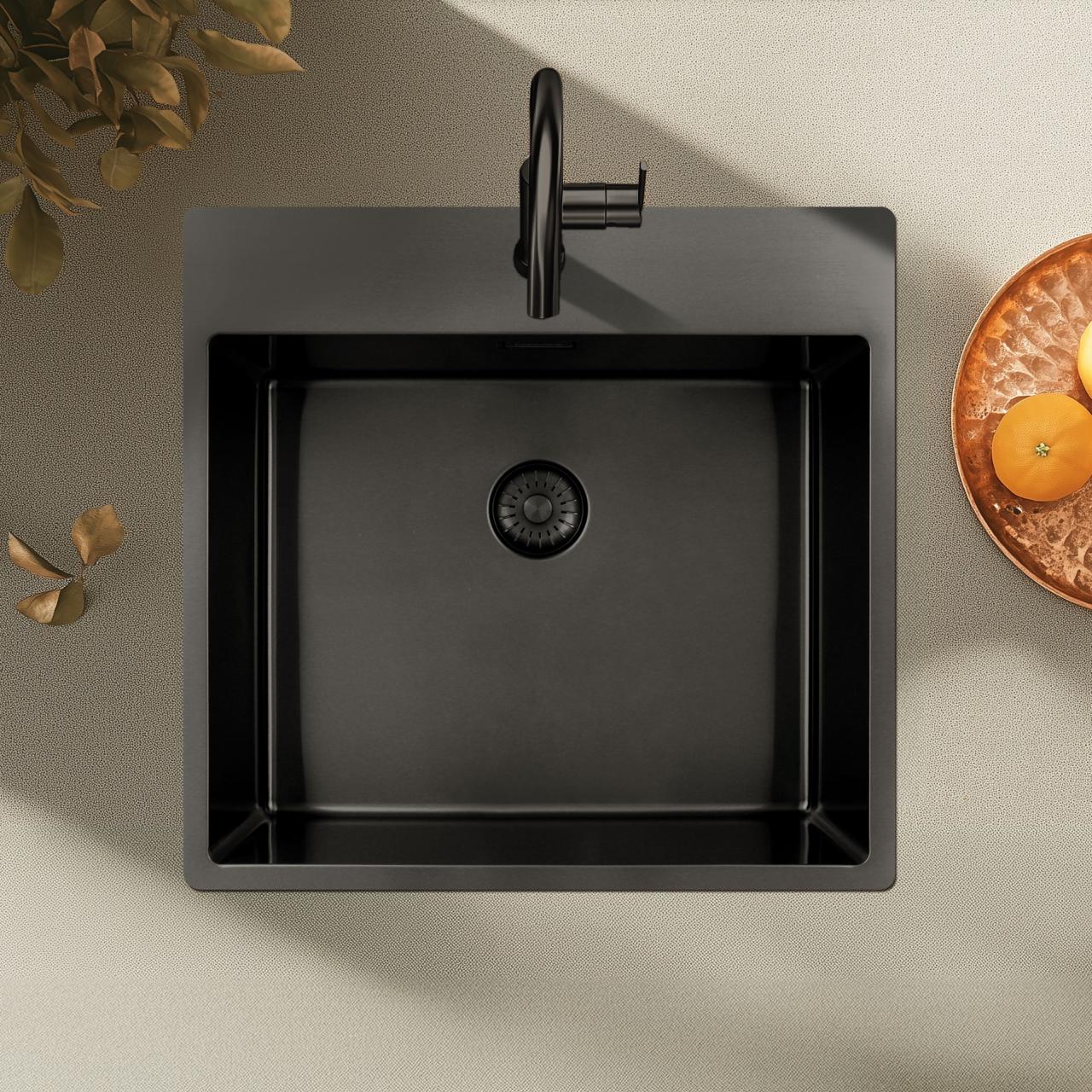 Pure.Sink Exclusivo Gun Metal spoelbak 54x52 cm Tapwing met kraangatbank 10mm radius  PEX5040T-61 - Productafbeelding 2