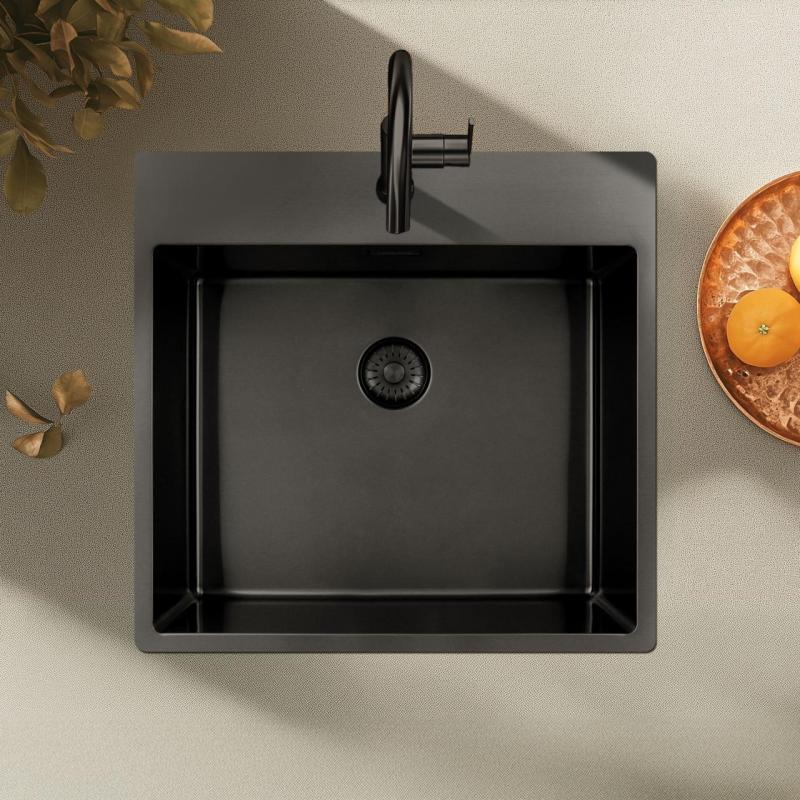 Pure.Sink Exclusivo Gun Metal spoelbak 54x52 cm Tapwing met kraangatbank 10mm radius  PEX5040T-61