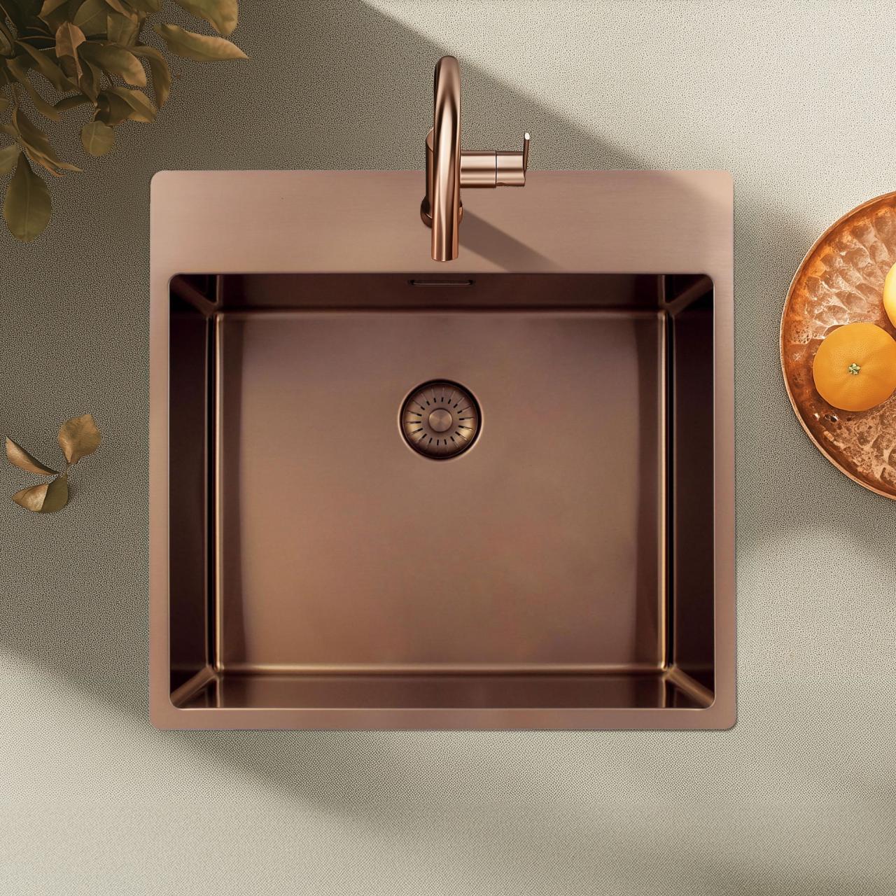 Pure.Sink Exclusivo Koperen spoelbak 54x52 cm Tapwing met kraangatbank 10mm radius PEX5040T-62 - Productafbeelding 2