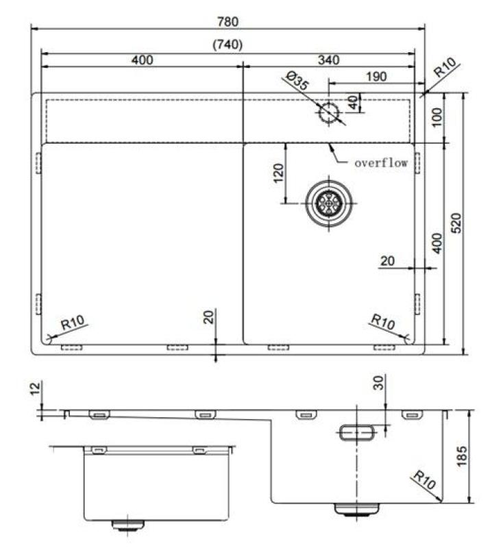 Pure.Sink Exclusivo RVS kleine spoelbak met afdruipgedeelte 78x52 cm Tapwing rechts PEX3478RT-02