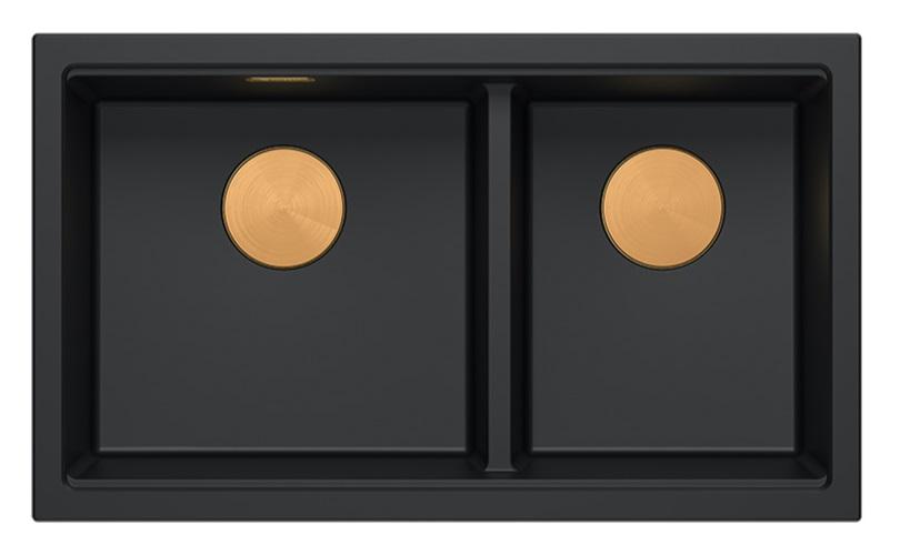Quadri Newport II Dubbele Zwarte Graniet Opbouw Spoelbak 76x45 cm met Koperen plug 1208971361 - Productafbeelding