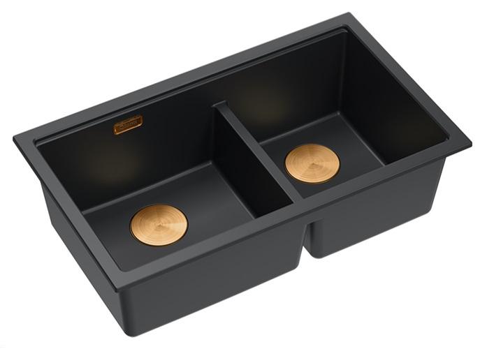 Quadri Newport II Dubbele Zwarte Graniet Opbouw Spoelbak 76x45 cm met Koperen plug 1208971361 - Productafbeelding 2