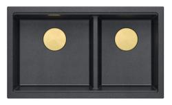 Quadri Newport II Dubbele Antraciet Graniet Opbouw Spoelbak 76x45 cm met Gouden plug 1208971364
