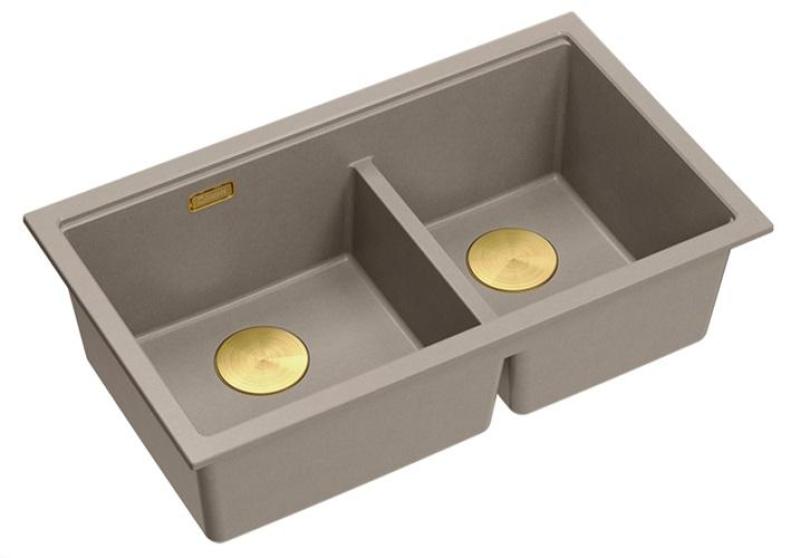 Quadri Newport II Dubbele Taupe Graniet Opbouw Spoelbak 76x45 cm met Gouden plug 1208971367