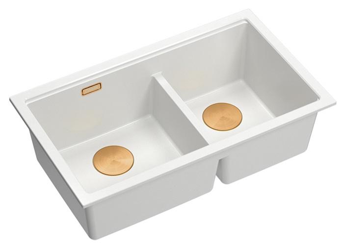 Quadri Newport II Dubbele Witte Graniet Onderbouw Spoelbak 702 x 390 mm met Koperen plug 1208971373 - Productafbeelding 2