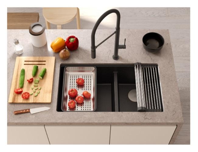 Quadri Newport II Dubbele Witte Graniet Onderbouw Spoelbak 702 x 390 mm met Koperen plug 1208971373 - Productafbeelding 3