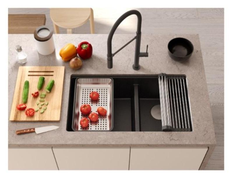 Quadri Newport II Dubbele Antraciet Graniet Onderbouw Spoelbak 702 x 390 mm met Koperen plug 1208971374