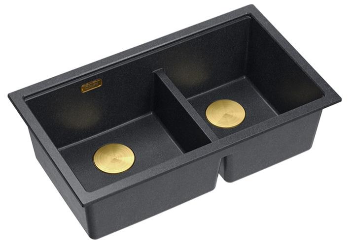 Quadri Newport II Dubbele Antraciet Graniet Onderbouw Spoelbak 702 x 390 mm met Gouden plug 1208971379 - Productafbeelding 2