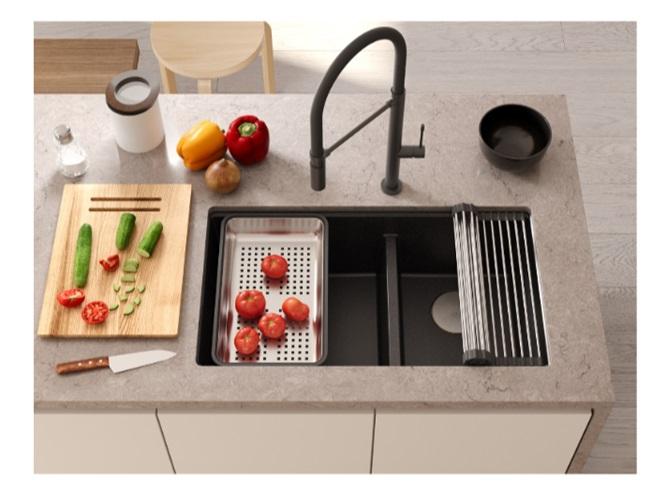 Quadri Newport II Dubbele Antraciet Graniet Onderbouw Spoelbak 702 x 390 mm met Gouden plug 1208971379 - Productafbeelding 3