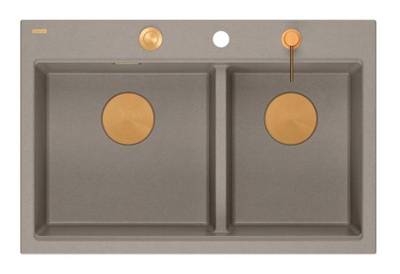 Quadri Hard Rock Dubbele Taupe Graniet Opbouw Spoelbak 76x50 cm met Koperen plug en accessoires 1208971391
