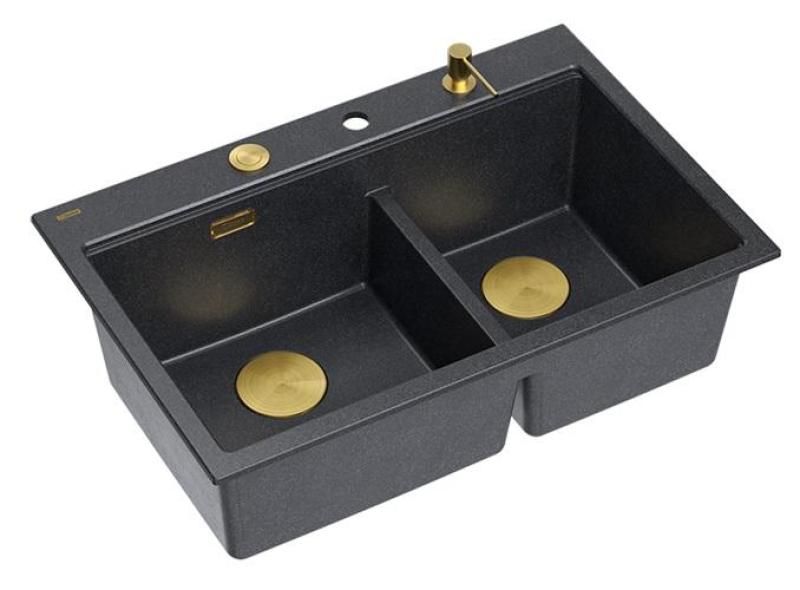 Quadri Hard Rock Dubbele Antraciet Graniet Opbouw Spoelbak 76x50 cm met Gouden plug en accessoires 1208971393