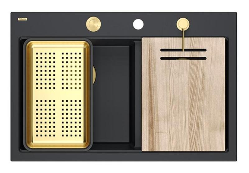 Quadri Hard Rock Dubbele Zwarte Graniet Opbouw Spoelbak 76x50 cm met Gouden plug en accessoires 1208971395