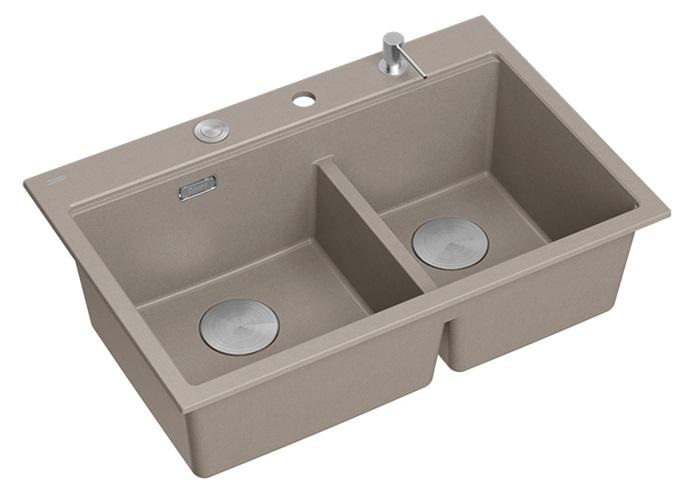 Quadri Hard Rock Dubbele Taupe Graniet Opbouw Spoelbak 76x50 cm met RVS plug en accessoires 1208971402 - Productafbeelding 2