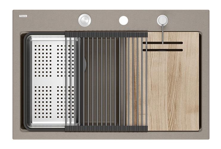 Quadri Hard Rock Dubbele Taupe Graniet Opbouw Spoelbak 76x50 cm met RVS plug en accessoires 1208971402 - Productafbeelding 3