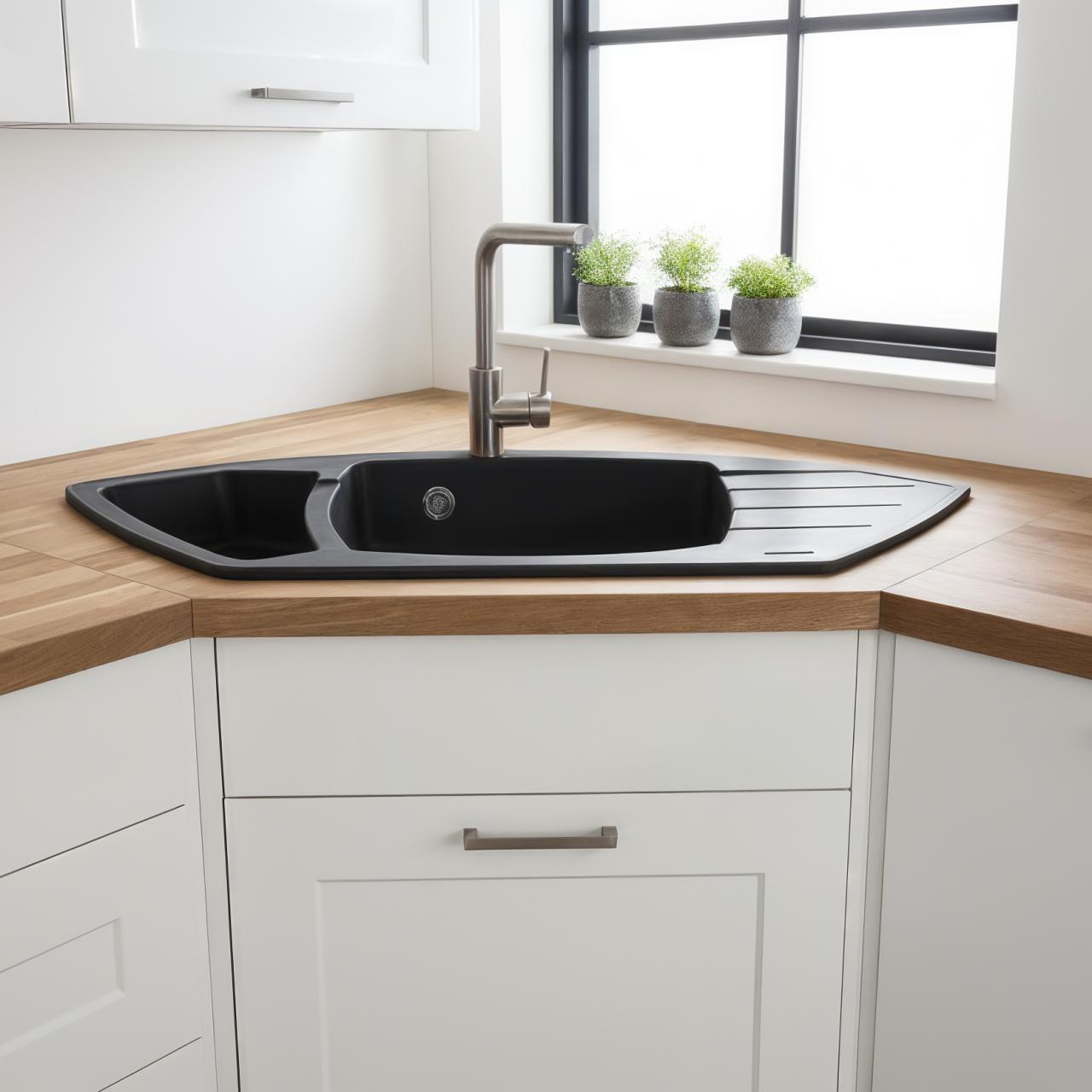 Graniteland Monte Granieten zwarte Hoekspoelbak opbouw 901x538mm met RVS Plug 1208971413 - Productafbeelding 2