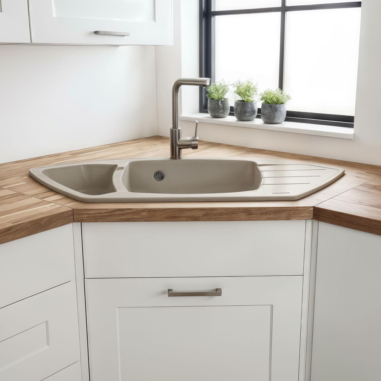 Graniteland Monte Granieten beige Hoekspoelbak opbouw 901x538mm met RVS Plug 1208971414 - Productafbeelding 2