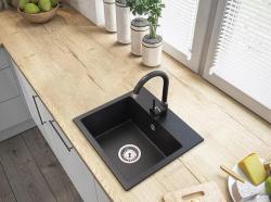 Graniteland Nera Granieten Spoelbak 45x42 cm Arduin hardsteen look Opbouw met Kraangatbank en RVS Plug 1208971432