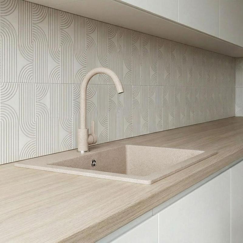 Graniteland Nera Granieten Spoelbak 45x42 cm Beige Opbouw met Kraangatbank en RVS Plug 1208971434