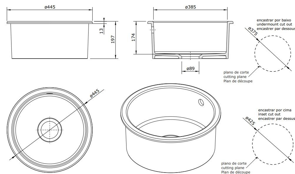Ausmann Ceramic Ember Keramische Witte Ronde Spoelbak Opbouw en Onderbouw met Gouden plug 1208971461 - Productafbeelding 3