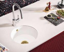 Ausmann Ceramic Ember Keramische Witte Ronde Spoelbak Opbouw en Onderbouw met Gouden plug 1208971461