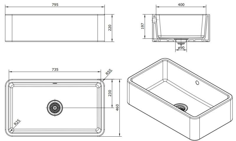 Ausmann Ceramic Mira Keramische Witte Spoelbak - Onderbouw en Tussenbouw 795 x 460 mm met Zwarte plug 1208971469