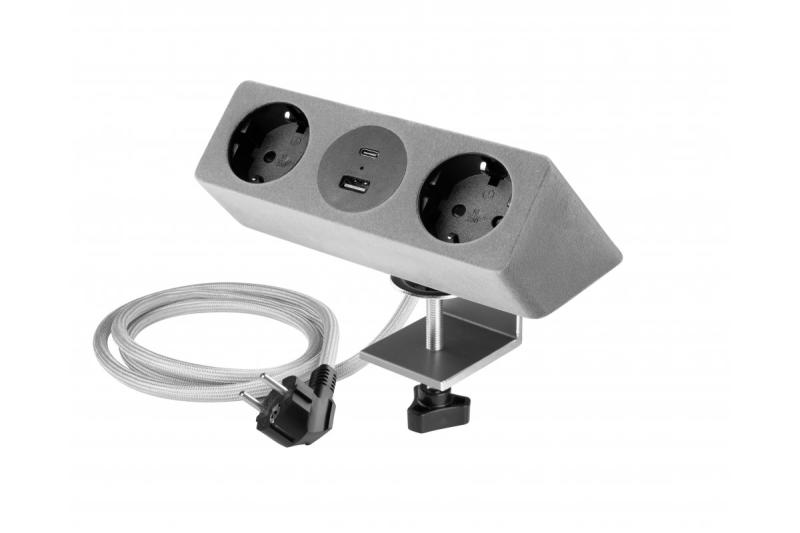 Meubelstopcontact SOFITO, 2xSHUKO, USB A+C, kabel 1,5 m, grijze flock