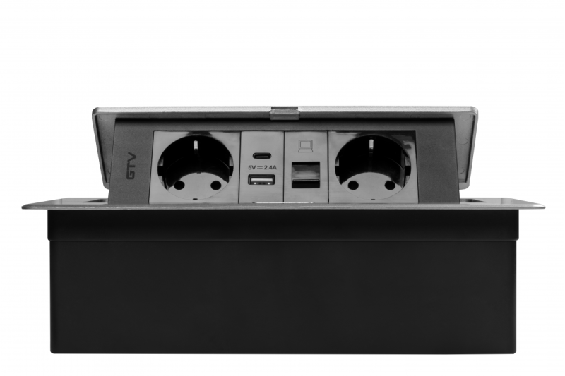 Meubelaansluiting MULTISOFT, 2xSHUKO, USB A+C, RJ45, kabel 1.5 m, aluminium