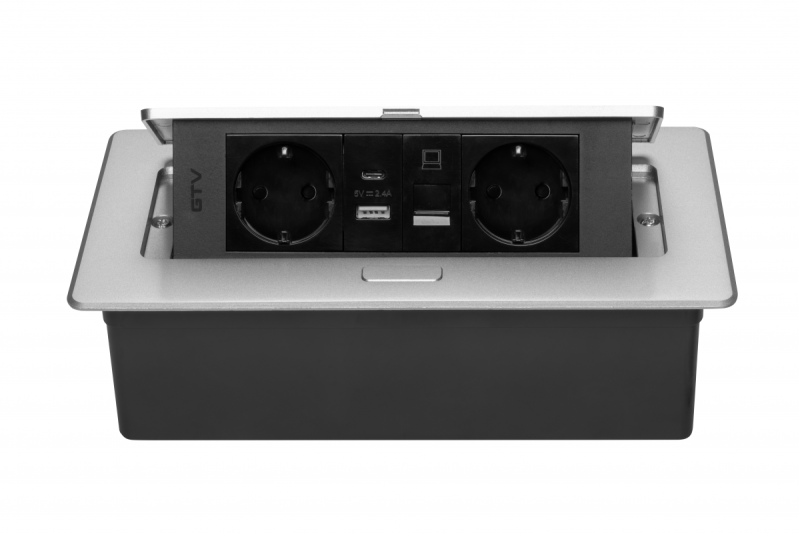 Meubelaansluiting MULTISOFT, 2xSHUKO, USB A+C, RJ45, kabel 1.5 m, aluminium