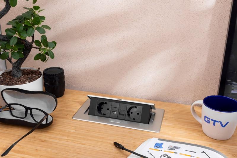 Meubelaansluiting MULTISOFT, 2xSHUKO, USB A+C, RJ45, kabel 1.5 m, aluminium