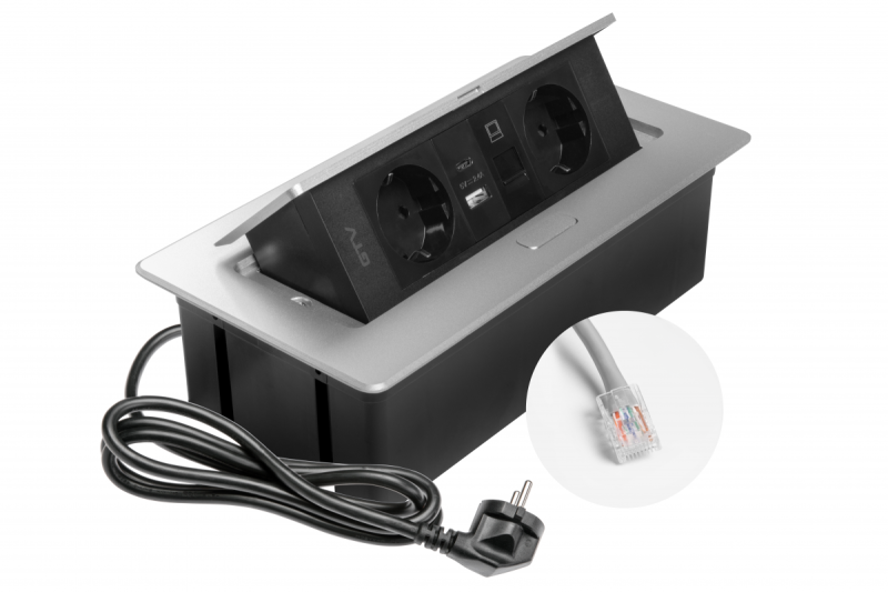 Meubelaansluiting MULTISOFT, 2xSHUKO, USB A+C, RJ45, kabel 1.5 m, aluminium