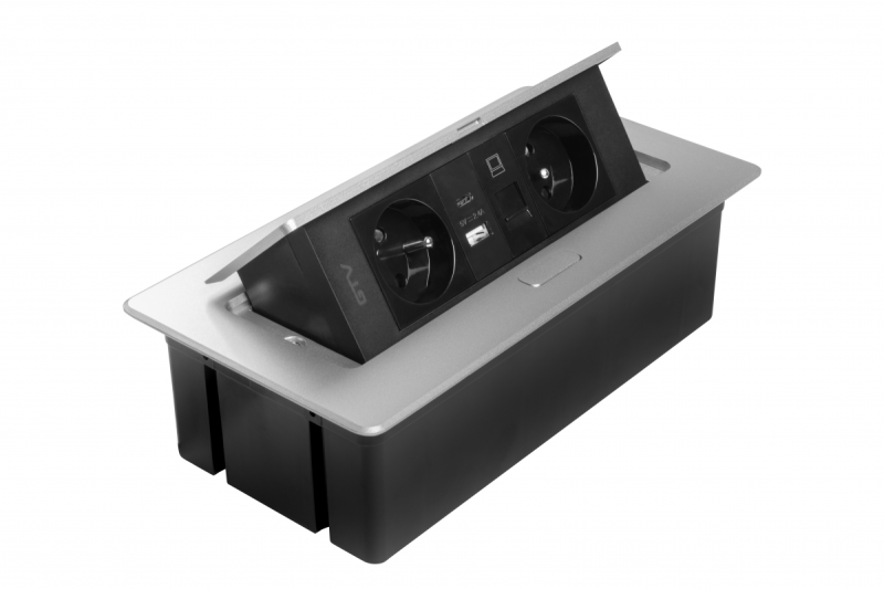 MULTISOFT Meubelcontactdoos 2x Stopcontact met Aarding, USB A+C, RJ45, Stroomkabel met Stekker, Aluminium