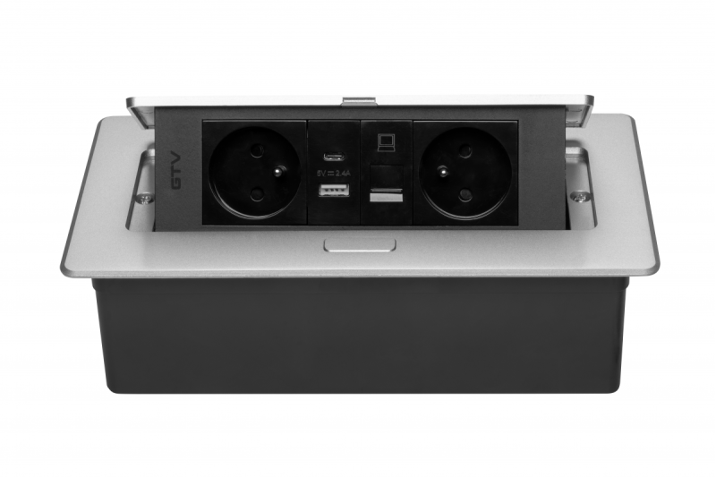 MULTISOFT Meubelcontactdoos 2x Stopcontact met Aarding, USB A+C, RJ45, Stroomkabel met Stekker, Aluminium