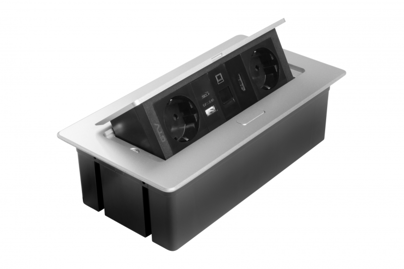 Meubelaansluiting MULTISOFT, 2xSHUKO, USB A+C, RJ45, HDMI-kabel 1,5 m, aluminium