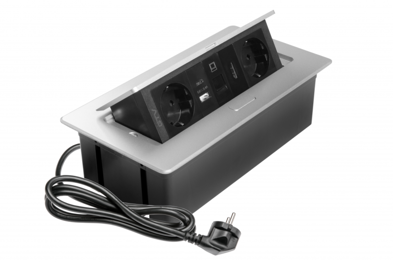 Meubelaansluiting MULTISOFT, 2xSHUKO, USB A+C, RJ45, HDMI-kabel 1,5 m, aluminium