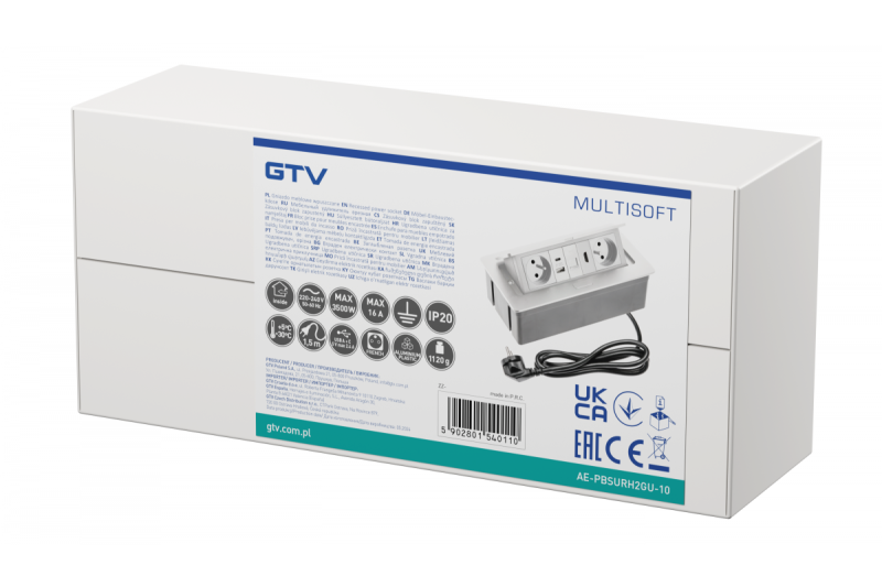 MULTISOFT meubelcontactdoos 2x Stopcontact met Aarding, USB A+C, RJ45, HDMI, Stroomkabel met Stekker, Wit