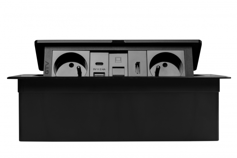 MULTISOFT meubelstopcontact 2x geaard stopcontact, USB A+C, RJ45, HDMI, voedingskabel met stekker, zwart