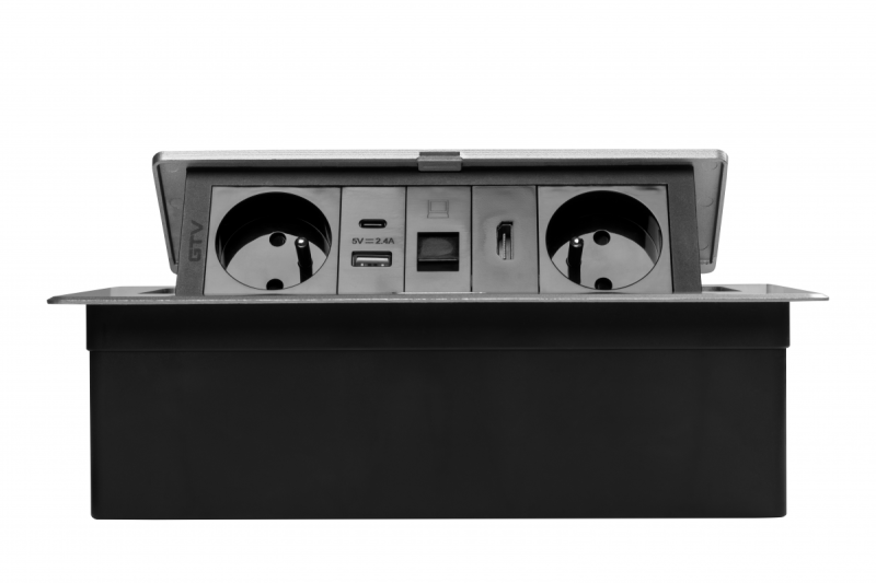 MULTISOFT meubelstopcontact 2x stopcontact met aarding, USB A+C, RJ45, HDMI, voedingskabel met stekker, aluminium