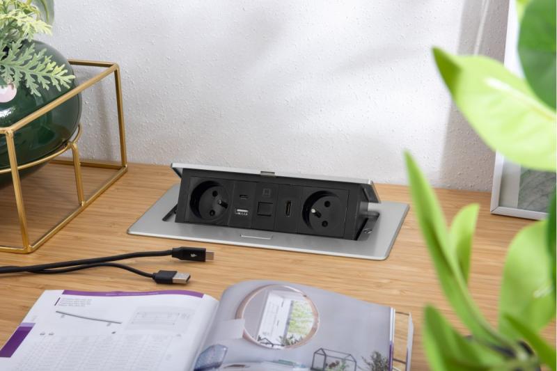 MULTISOFT meubelstopcontact 2x stopcontact met aarding, USB A+C, RJ45, HDMI, voedingskabel met stekker, aluminium