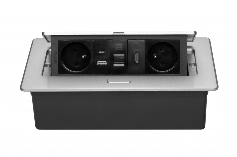 MULTISOFT meubelstopcontact 2x stopcontact met aarding, USB A+C, RJ45, HDMI, voedingskabel met stekker, aluminium