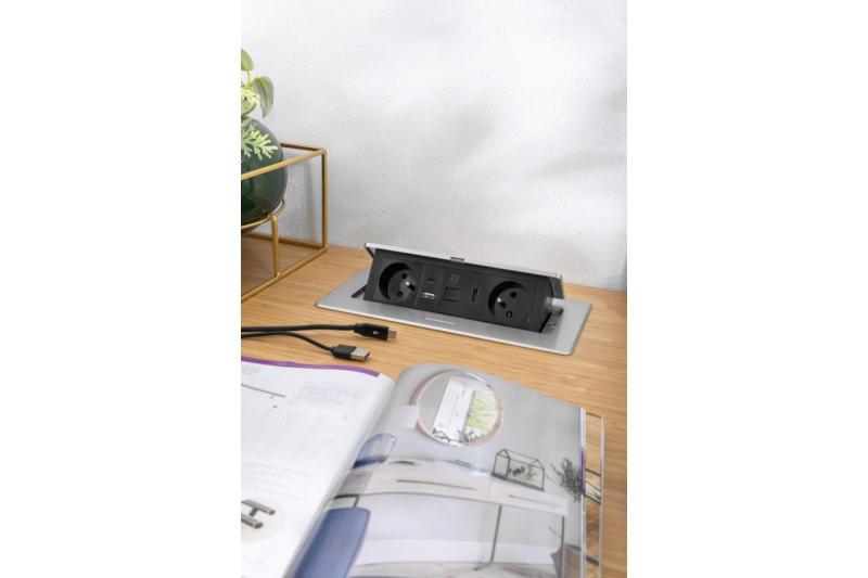 MULTISOFT meubelstopcontact 2x stopcontact met aarding, USB A+C, RJ45, HDMI, voedingskabel met stekker, aluminium