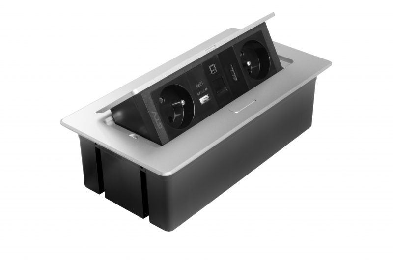 MULTISOFT meubelstopcontact 2x stopcontact met aarding, USB A+C, RJ45, HDMI, voedingskabel met stekker, aluminium