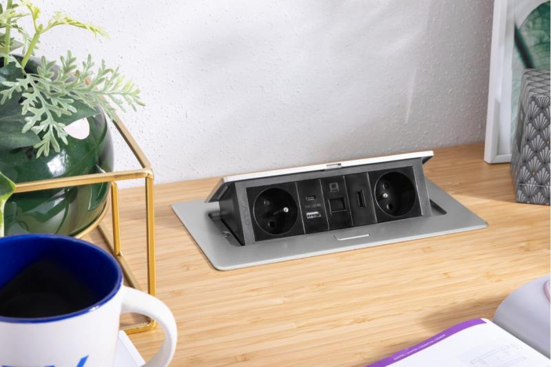 MULTISOFT meubelstopcontact 2x stopcontact met aarding, USB A+C, RJ45, HDMI, voedingskabel met stekker, aluminium