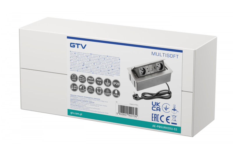 MULTISOFT meubelstopcontact 2x stopcontact met aarding, USB A+C, RJ45, HDMI, voedingskabel met stekker, aluminium