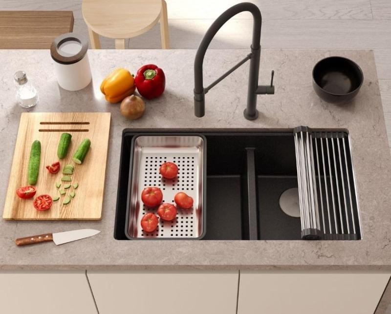 Quadri Newport II Dubbele Beige Graniet Opbouw Spoelbak 76x45 cm met Koperen plug 1208971752