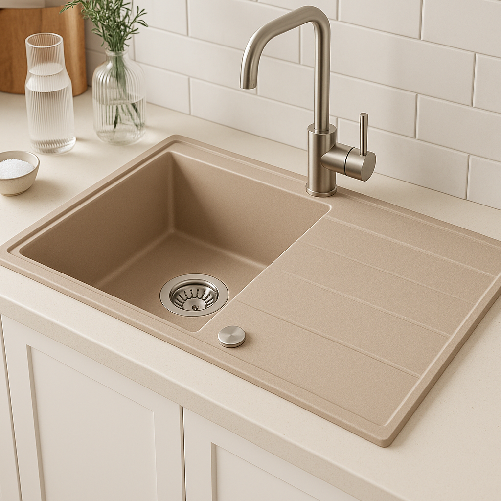 Quadri Luton pearl beige granieten opbouw spoelbak met afdruipvlak omkeerbaar 86x50cm met rvs plug 1208971779 - Productafbeelding 2