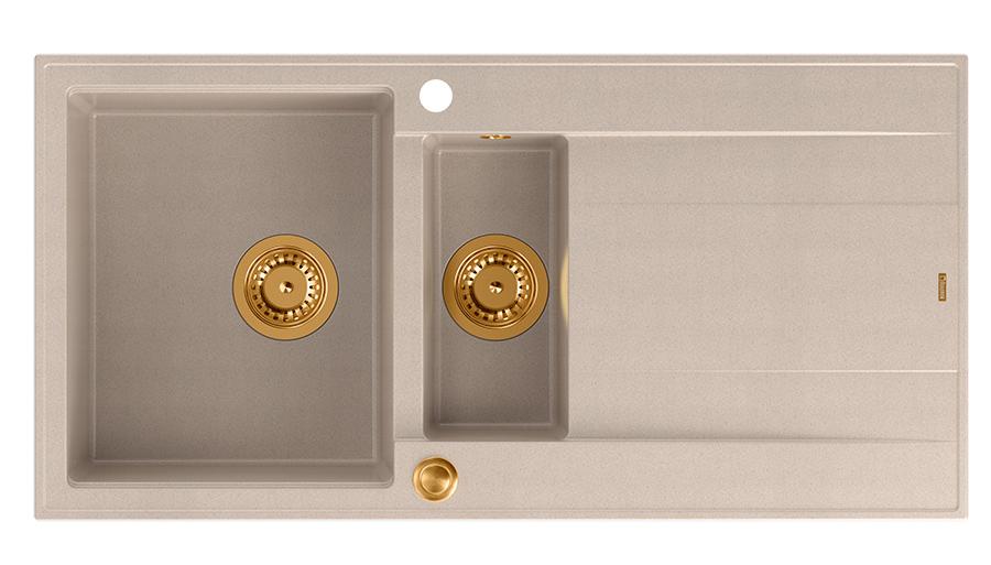 Quadri Luton pearl beige granieten opbouw 1,5 spoelbak met afdruipvlak omkeerbaar 100x50cm met koperen plug 1208971792 - Productafbeelding