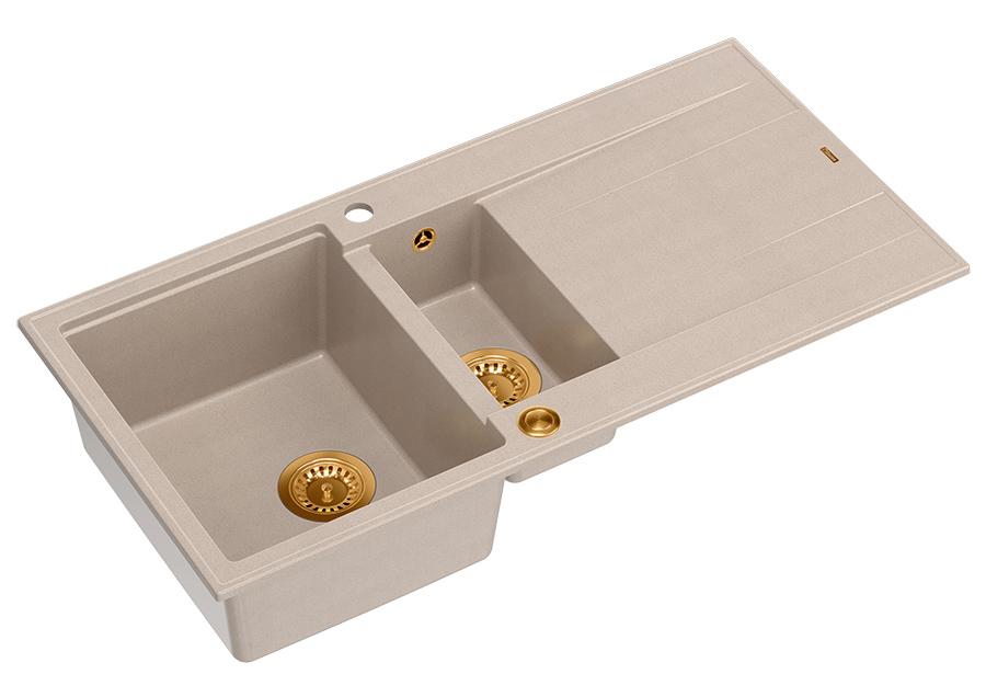 Quadri Luton pearl beige granieten opbouw 1,5 spoelbak met afdruipvlak omkeerbaar 100x50cm met koperen plug 1208971792 - Productafbeelding 2