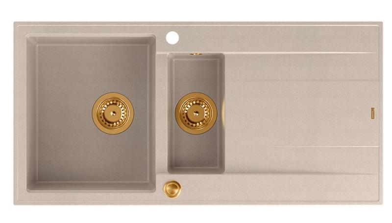 Quadri Luton pearl beige granieten opbouw 1,5 spoelbak met afdruipvlak omkeerbaar 100x50cm met koperen plug 1208971792